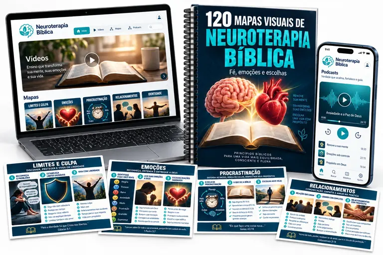 Premium: 120 Mapas Visuais de Neuroterapia Bíblica, notebook com vídeos e mapas, e celular com podcasts no app